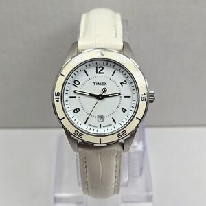 Womens Timex Premium Date Watch White Silver WR50M Rotating Bezel New Battery